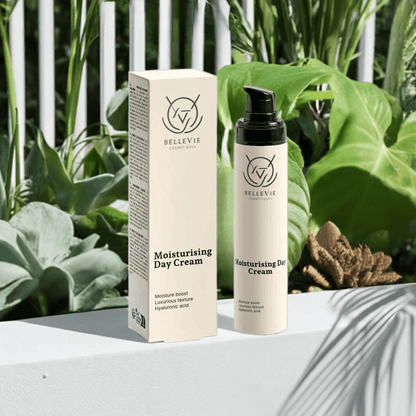 alt="Before and after Bellevie Cosmetic Moisturising Day Cream 50ml, intense hydration and daily protection, vegan, COSMOS certified"