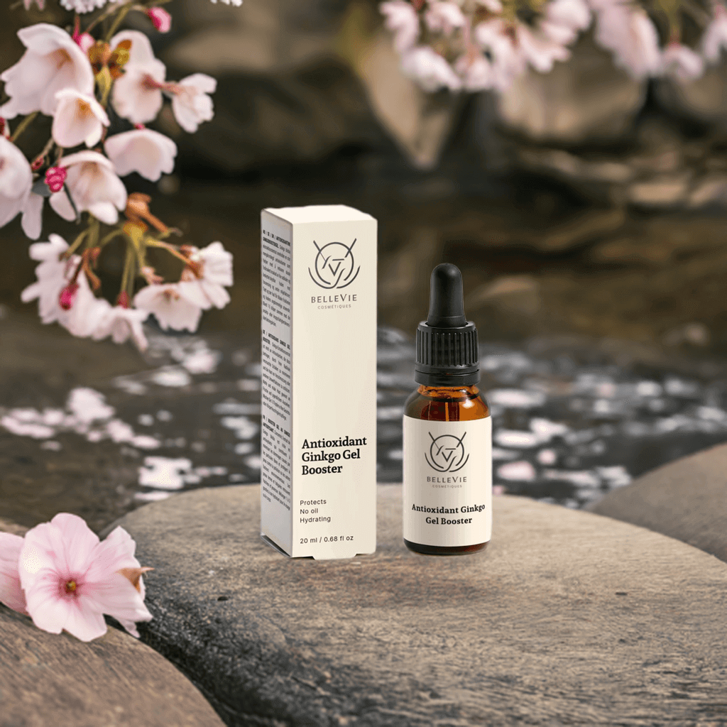 Bellevie Antioxidant Ginkgo Gel Booster bottle and box with cherry blossoms on a stone surface.