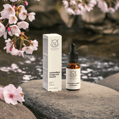 Bellevie Antioxidant Ginkgo Gel Booster bottle and box with cherry blossoms on a stone surface.