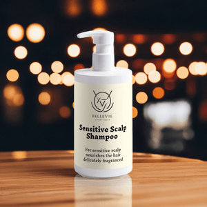 alt="Bellevie Cosmetic Sensitive Scalp Shampoo 400ml, natural soothing formula with aloe vera and chamomile for dry, itchy scalps, COSMOS certified, vegan, cruelty-free"