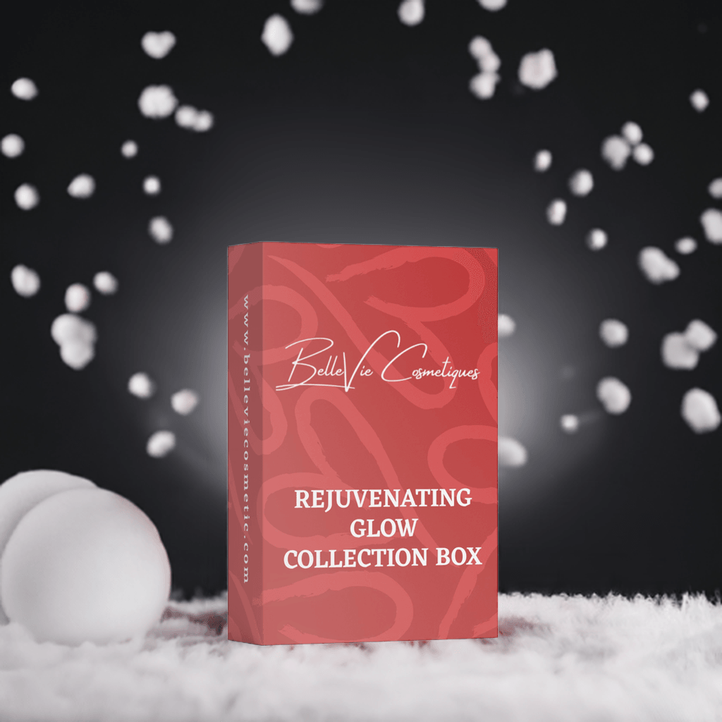 Rejuvenating Glow Collection Box, coral red rectangular box with subtle swirling patterns and white lettering.