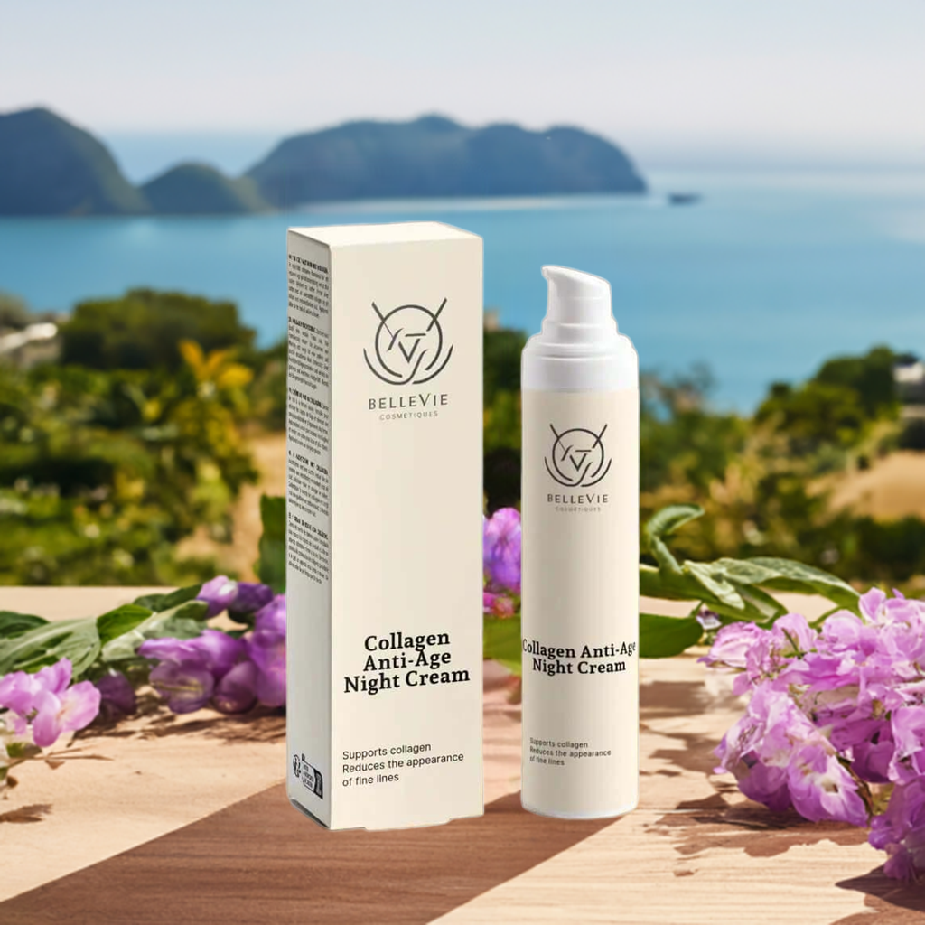 Collagen Anti-Age Night Cream 50ml bottle and box kept on a table with the background of flowers, river and mountain