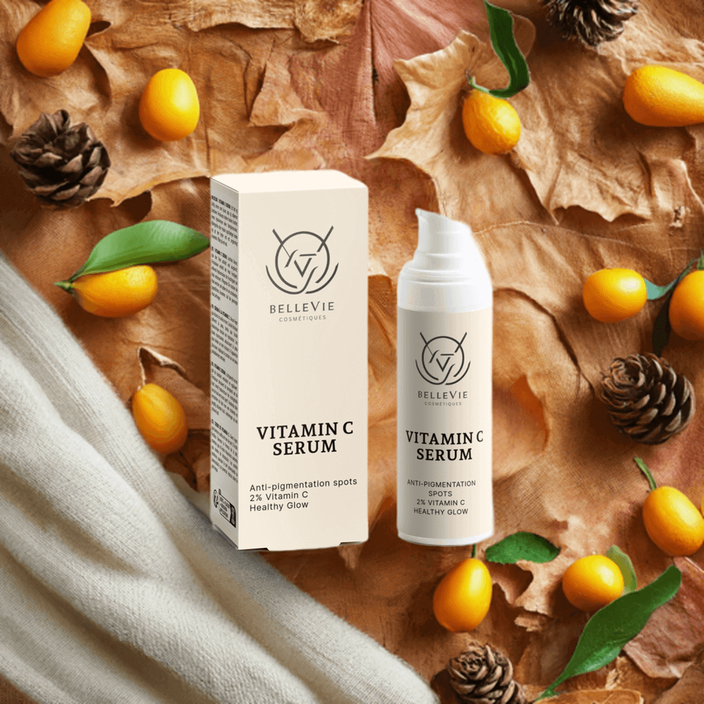 Vitamin C serum packaging with decorative elements on a textured background