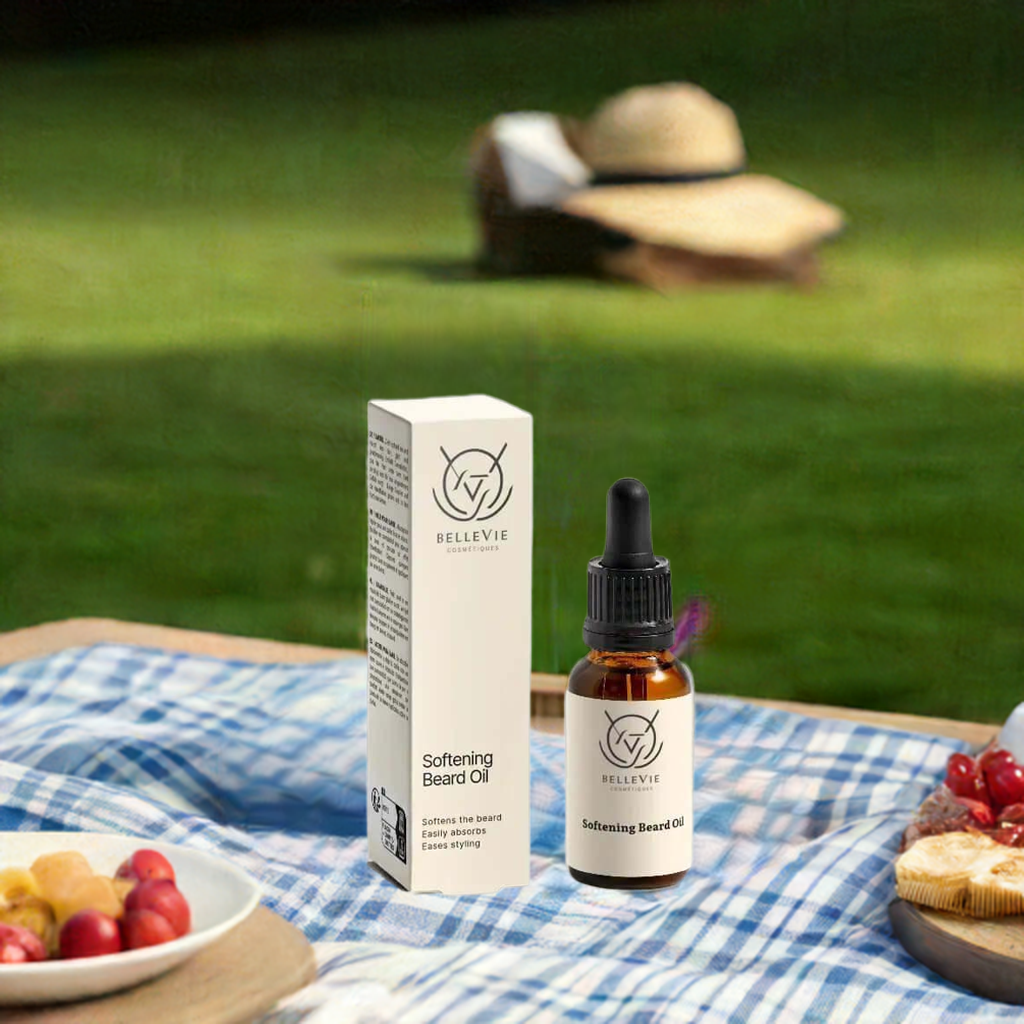 Softening Beard Oil 20ml box and bottle kept on table with fruits