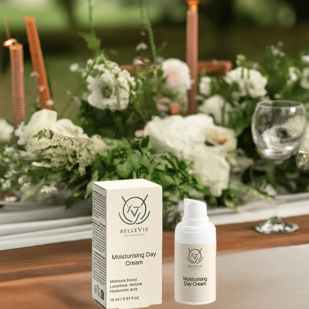 Moisturizing Cream 15ml box and pump bottle kept on the table with the background of flowers and glass.