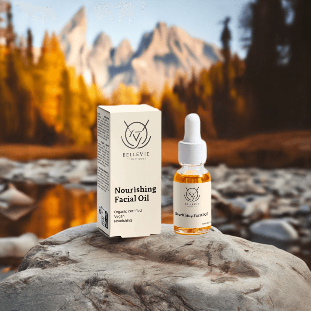 alt="Close-up of Bellevie Cosmetic Nourishing Facial Oil 15ml, infused with jojoba and argan oils for luxurious hydration of radiant skin, cruelty-free"