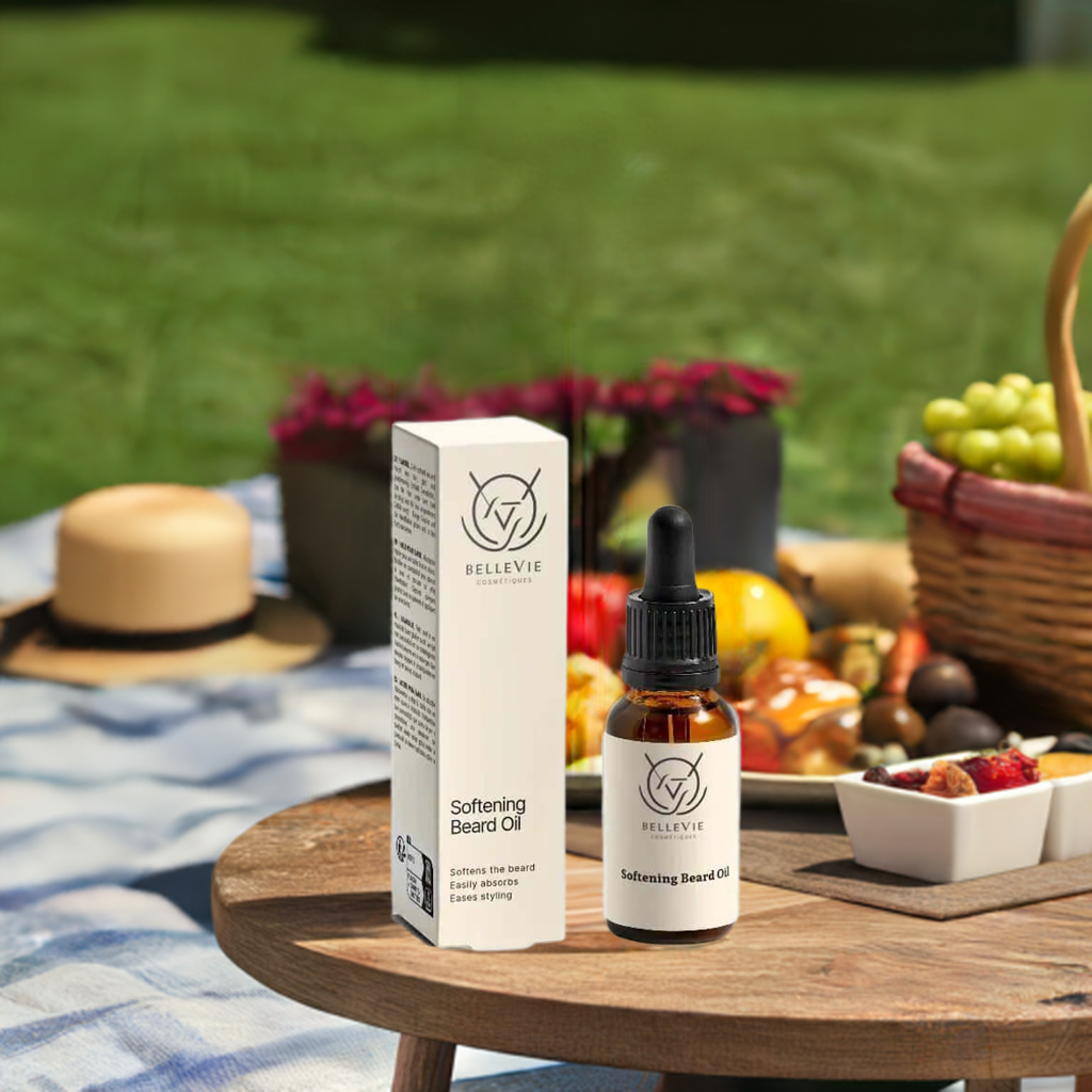 Softening Beard Oil 20ml box and bottle kept on marble with fruits