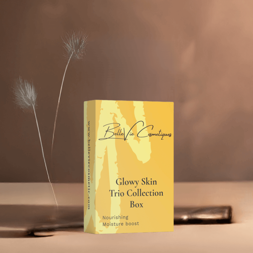Glowy Skin Trio Collection Box in a yellow cardboard package with cream abstract shapes and dark blue lettering.
