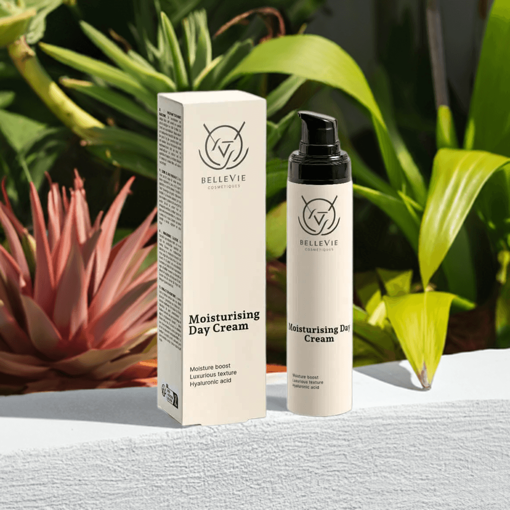 alt="Bellevie Cosmetic Moisturising Day Cream 50ml with box, SPF for daily protection and hydration, natural, vegan, cruelty-free"