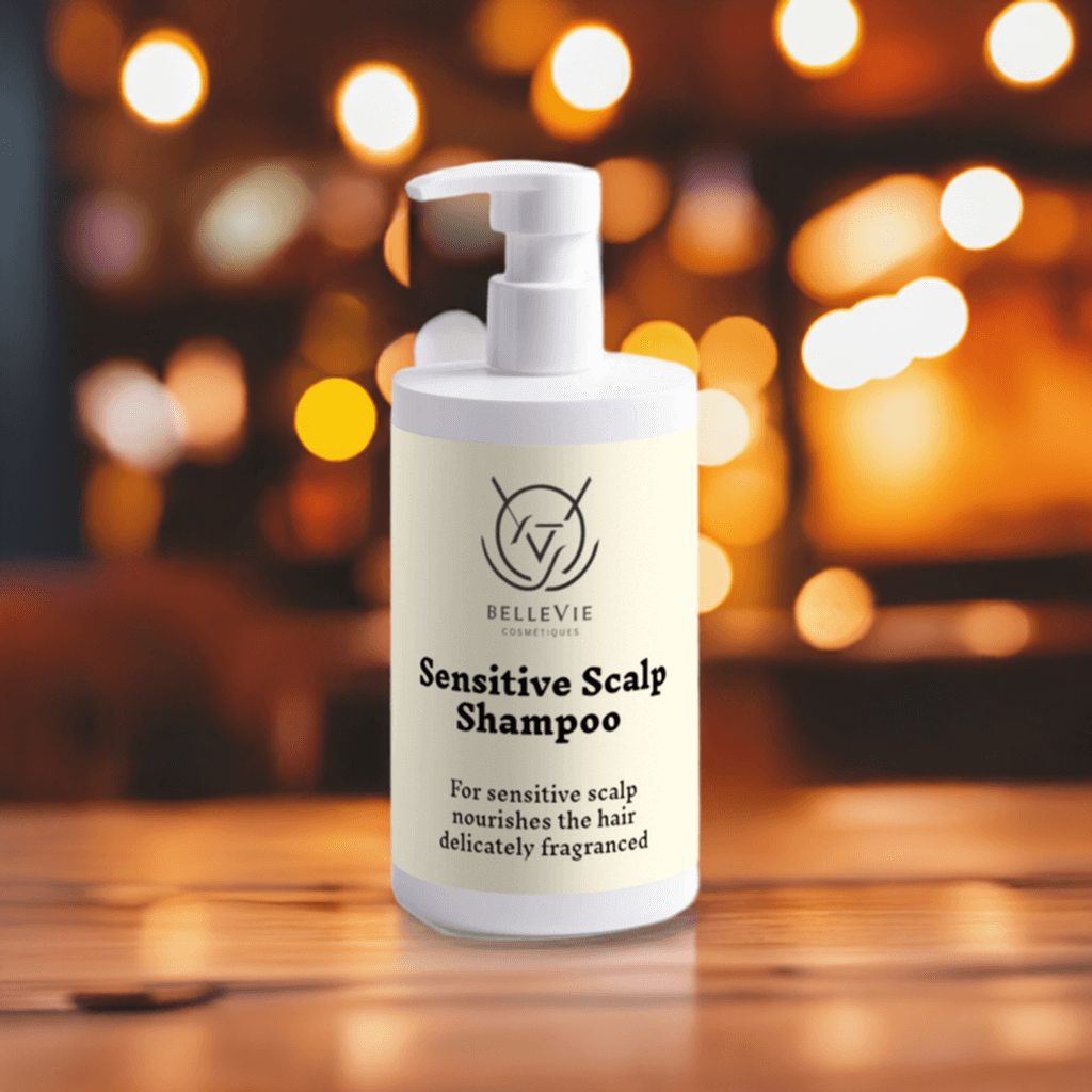 alt="Applying Bellevie Cosmetic Sensitive Scalp Shampoo 400ml, natural formula with chamomile to soothe dry, itchy scalps, COSMOS certified, vegan-friendly"