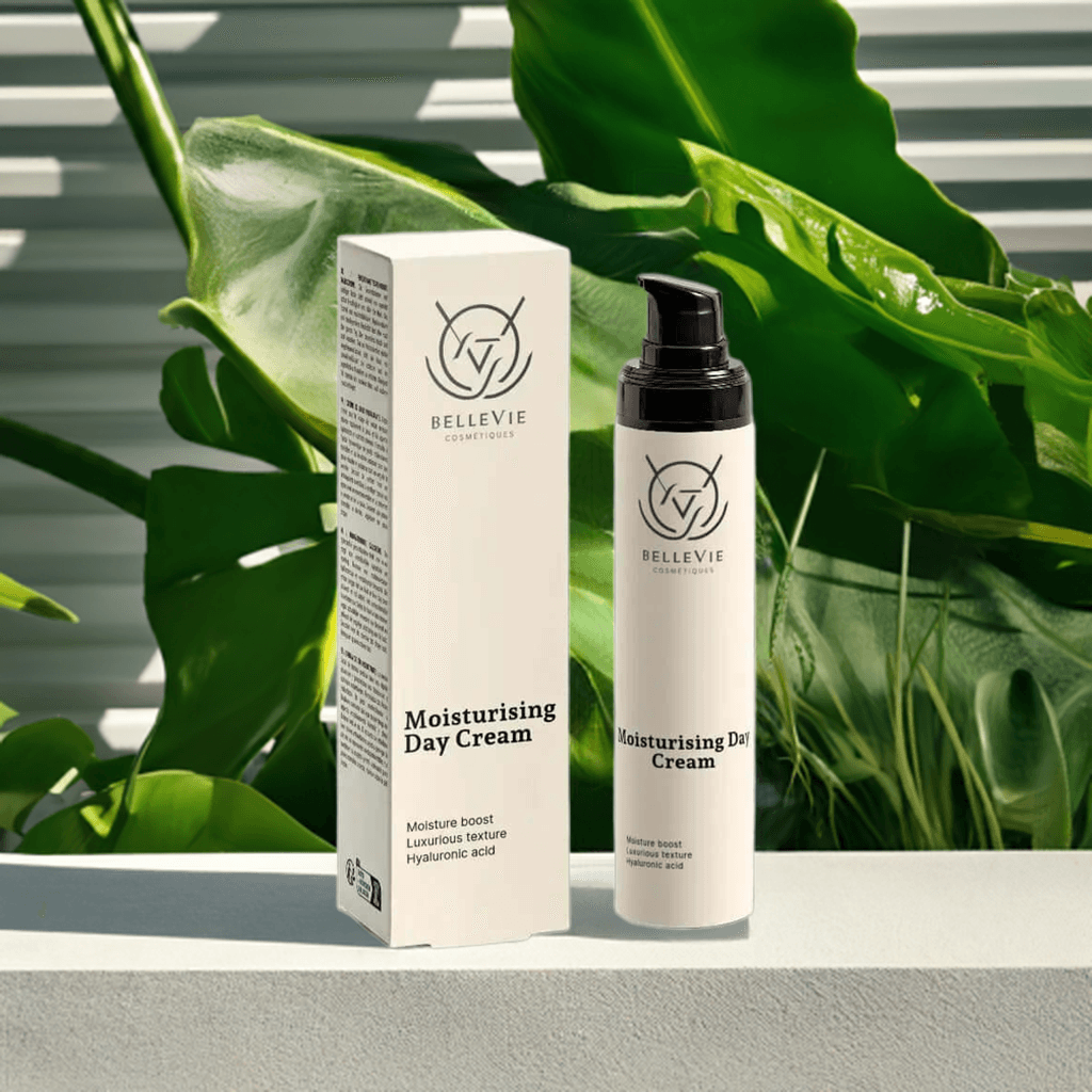 alt="Bellevie Cosmetic Moisturising Day Cream 50ml jar, intense hydration and daily protection with shea butter, vegan, cruelty-free"
