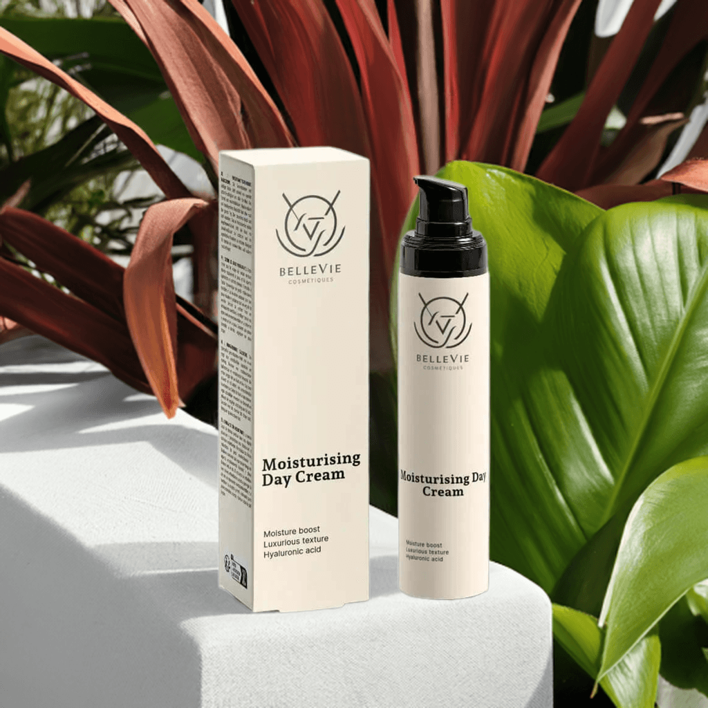 alt="Close-up of Bellevie Cosmetic Moisturising Day Cream 50ml, shea butter for intense hydration, daily skin protection, natural, cruelty-free"