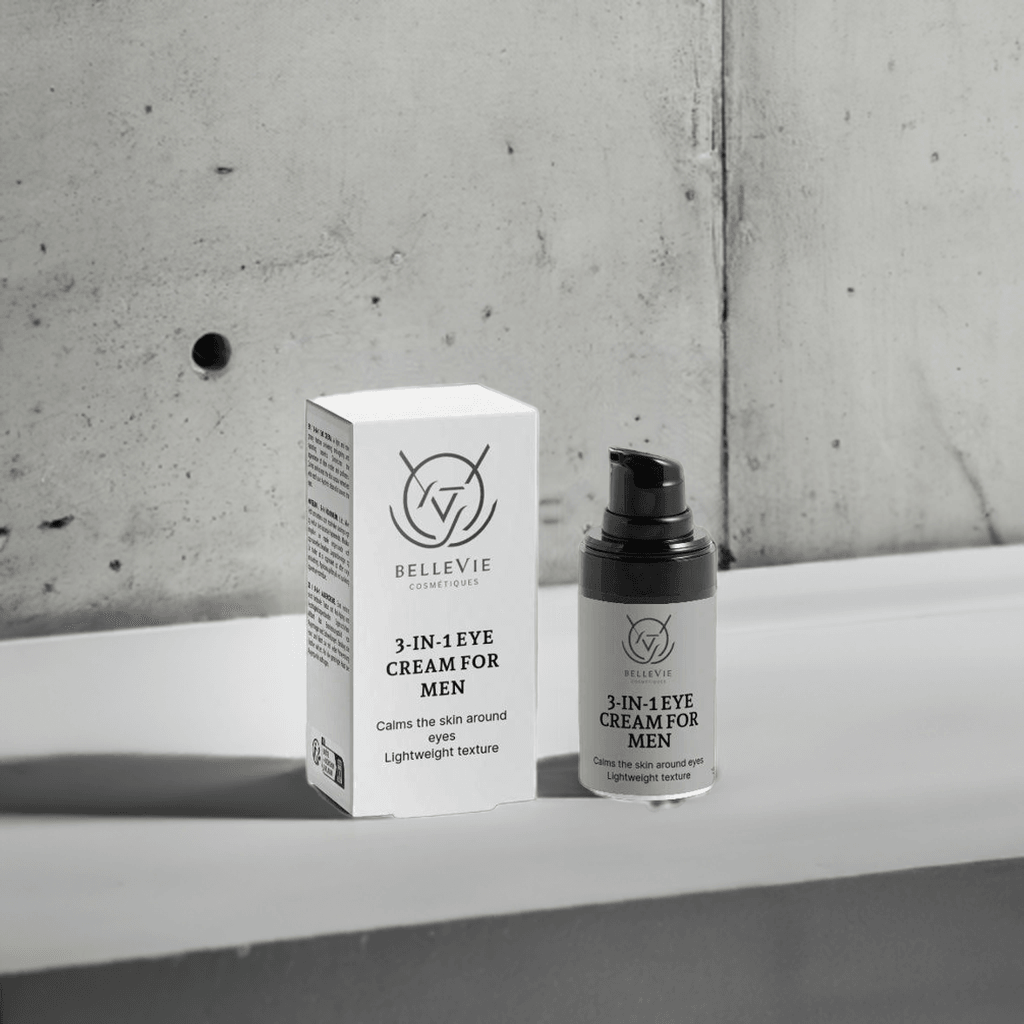 alt="Close-up of Bellevie Cosmetic 3-in-1 Eye Cream for Men, rejuvenates with hyaluronic acid, brightens under eyes, natural, cruelty-free"