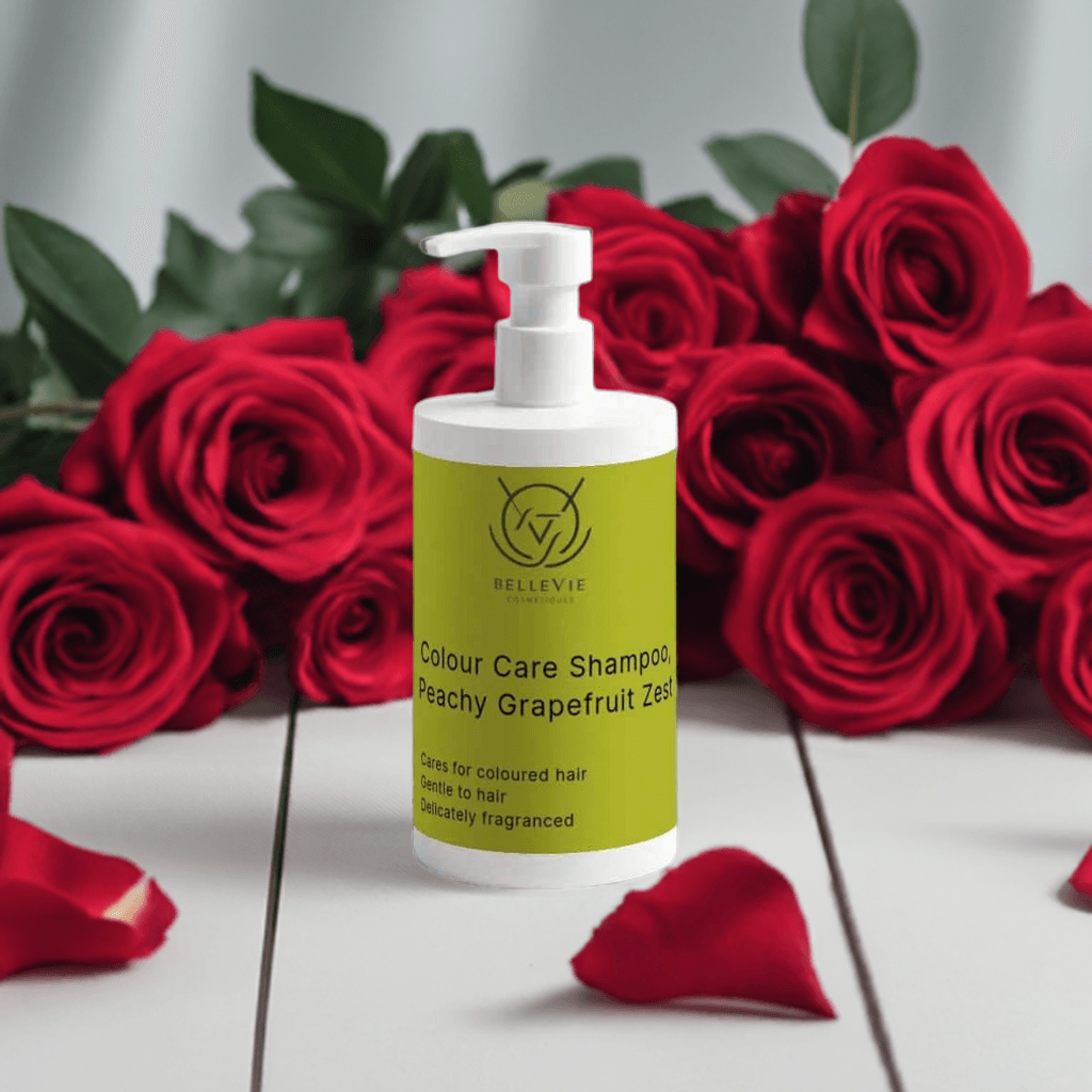 Colour Care Shampoo Peachy Grapefruit Zest 400ml bottle kept on a table background of roses