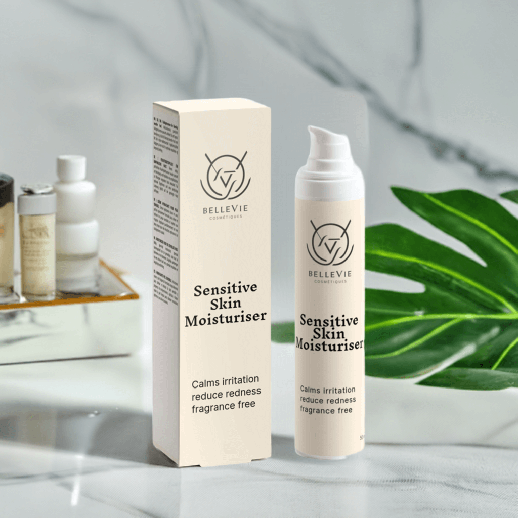 BelleVie Sensitive Skin Moisturiser alongside aloe and jojoba ingredients

