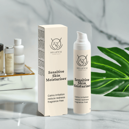 BelleVie Sensitive Skin Moisturiser alongside aloe and jojoba ingredients

