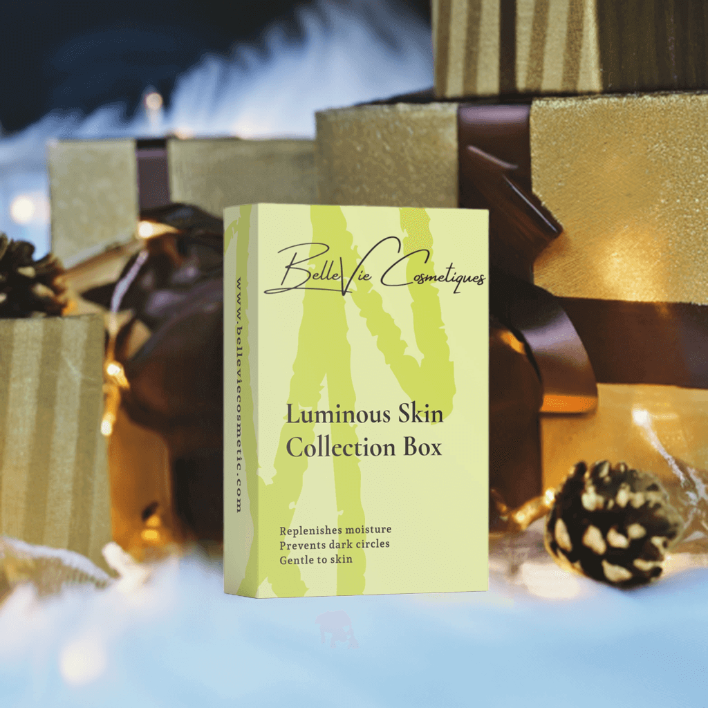 Luminous Skin Collection Box, pale yellow-green cosmetics gift box with an abstract leaf pattern and black lettering