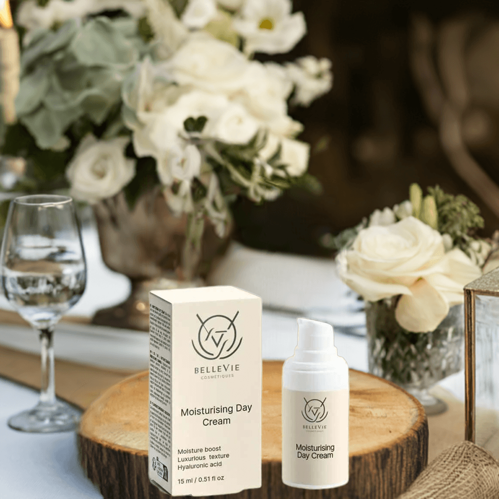 Moisturizing Cream 15ml box and pump bottle kept on wooden slice with the background of flowers and glass.