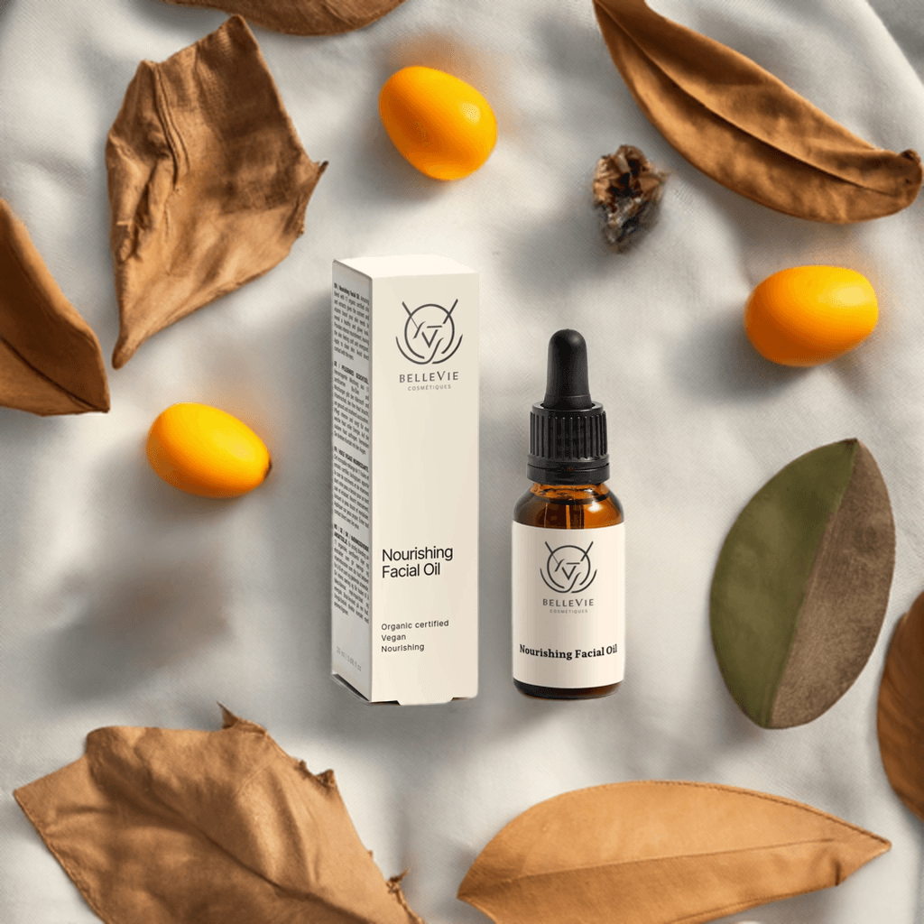 BelleVie facial oil bottle on natural background with botanical ingredients