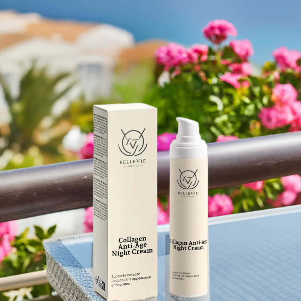 Collagen Anti-Age Night Cream 50ml bottle and box kept on a table with the background of flowers