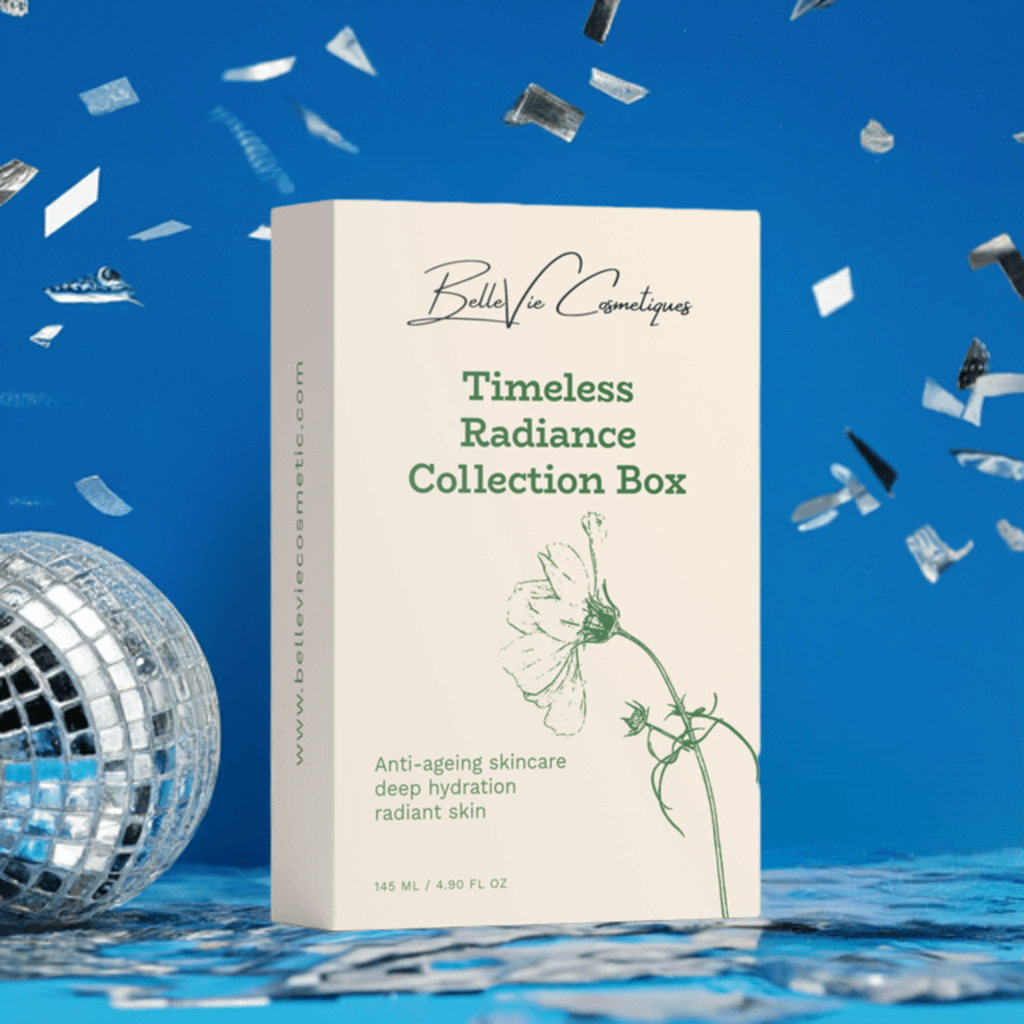 Timeless Radiance Collection Box, cream packaging with green botanical line art and anti-ageing skincare text.