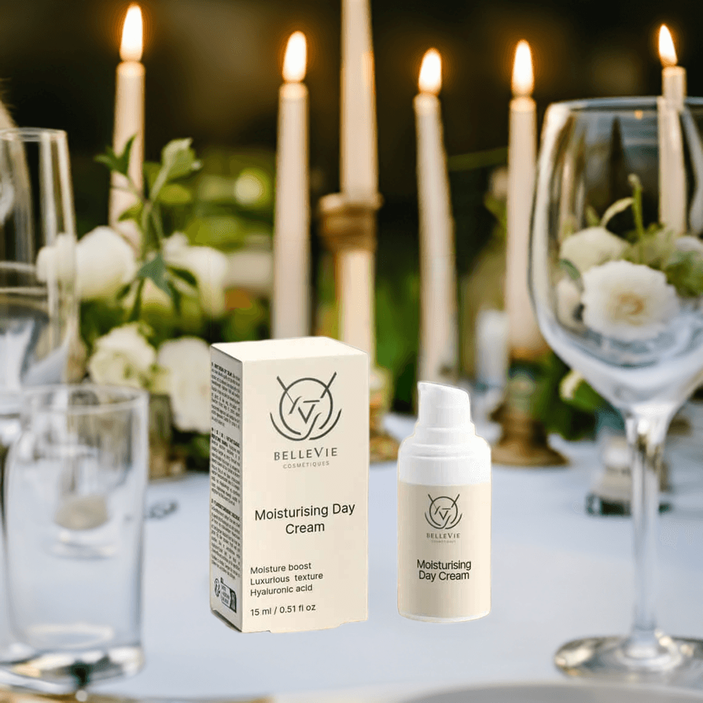 Bellevie moisturizing day cream bottle and box on a table with candles and flowers