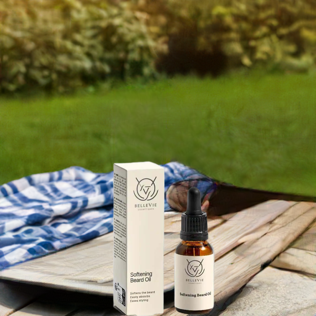 Softening Beard Oil 20ml box and bottle kept on table with the background of gardern