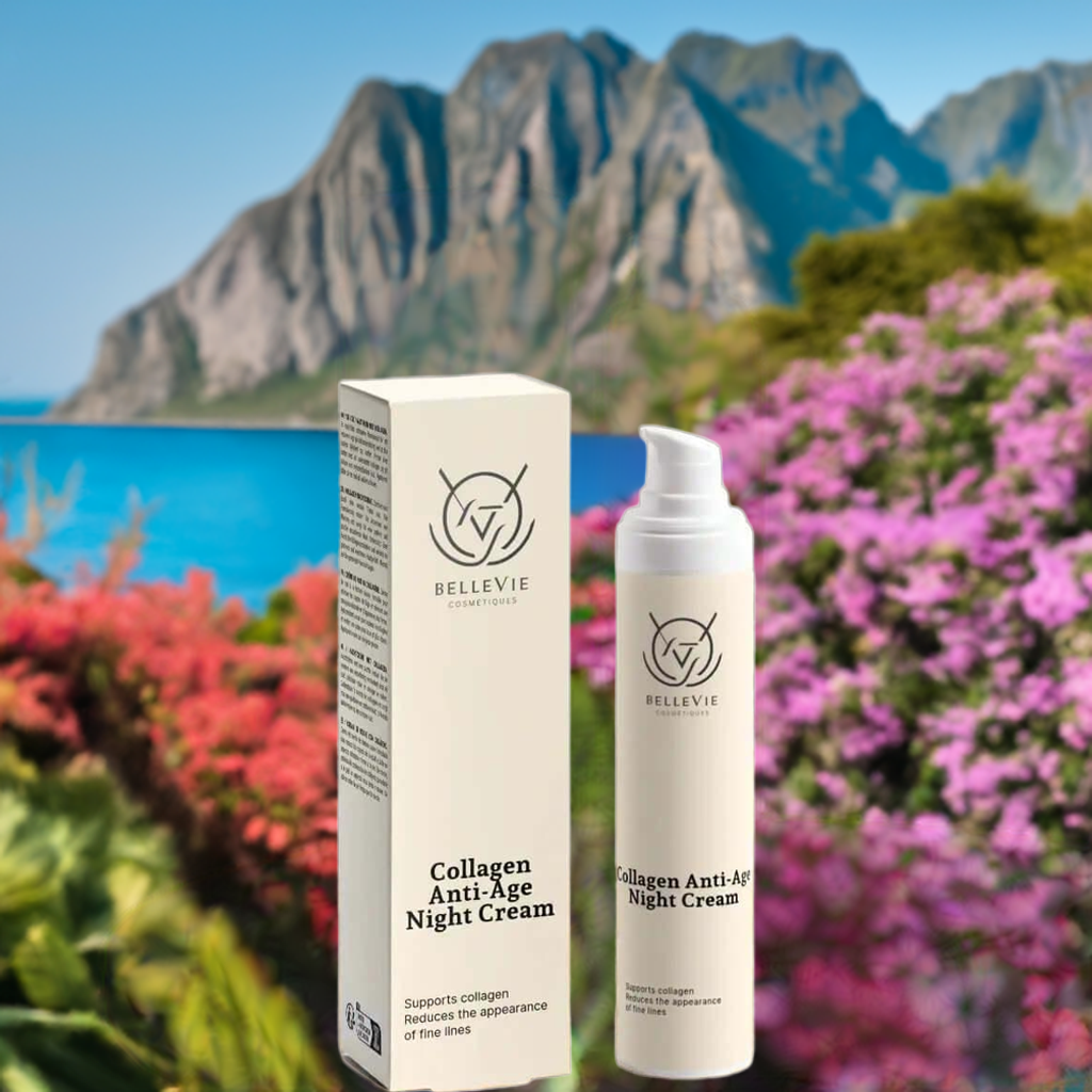 Collagen Anti-Age Night Cream 50ml bottle and box with the background of flowers, river and mountain
