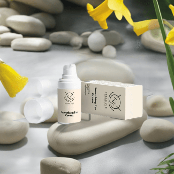 alt="Close-up of Bellevie Cosmetic Smoothing Eye Cream 15ml, hydrates with hyaluronic acid, firms skin, natural, cruelty-free"