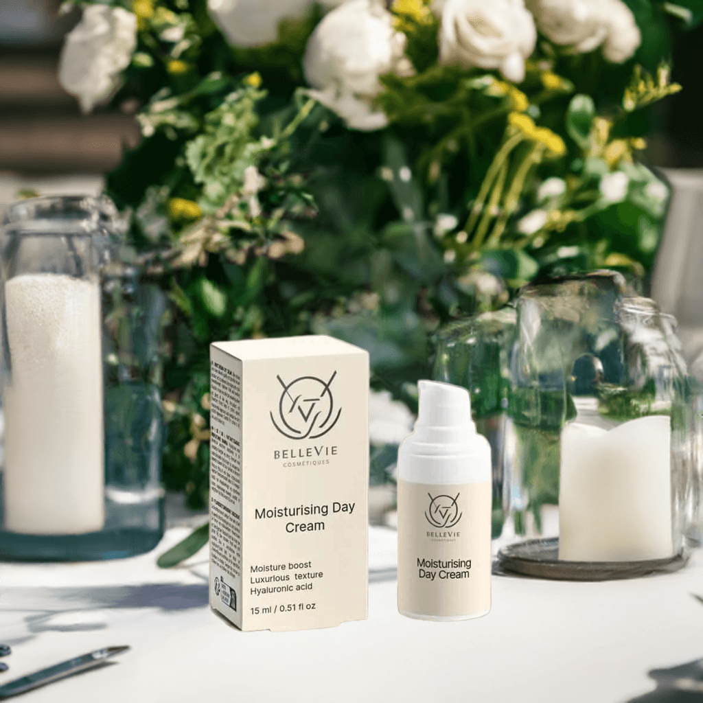 Moisturizing Cream 15ml box and pump bottle kept on the table with the background of flowers and glass jug.