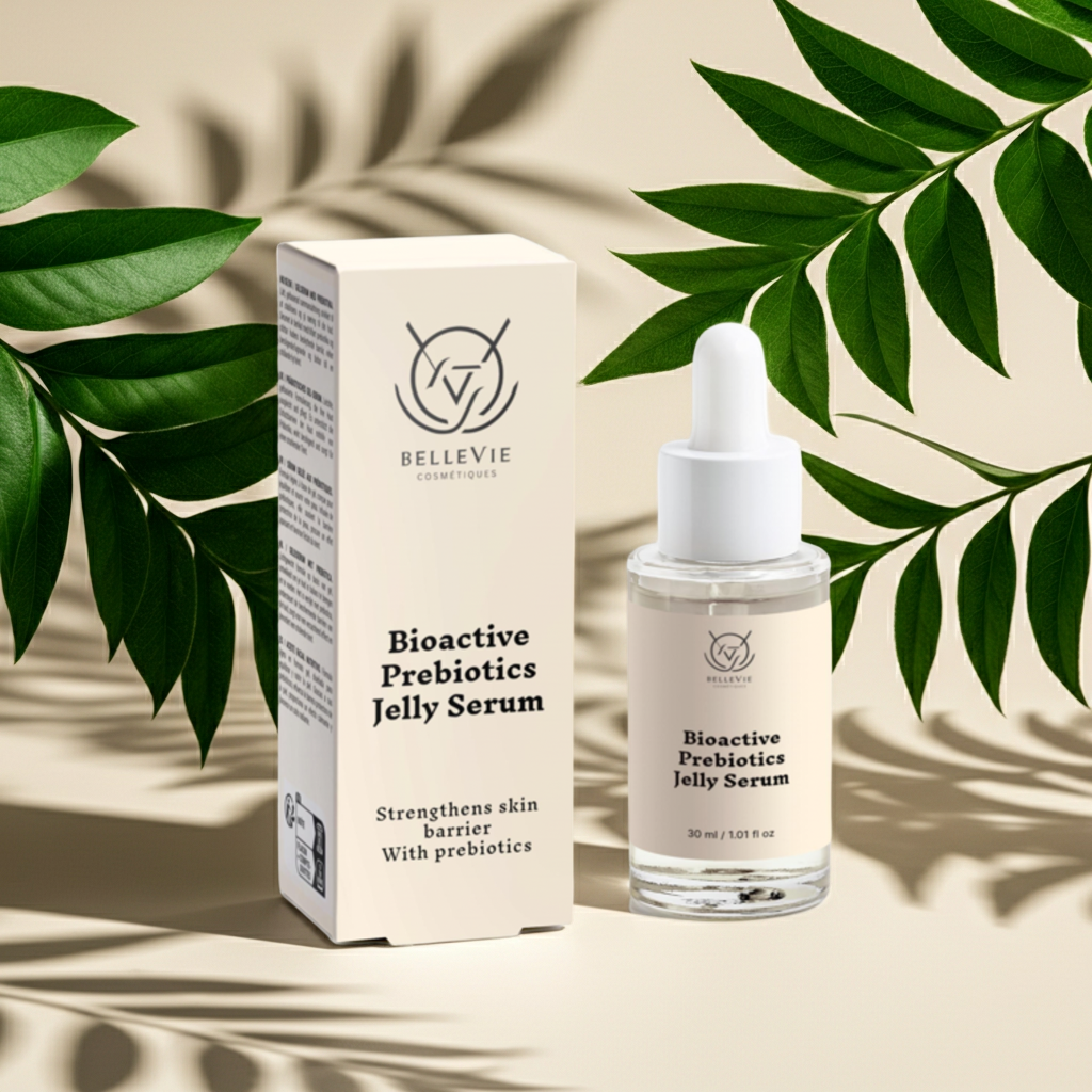 Bioactive Prebiotics Jelly Serum with packaging on a beige background with green leaves