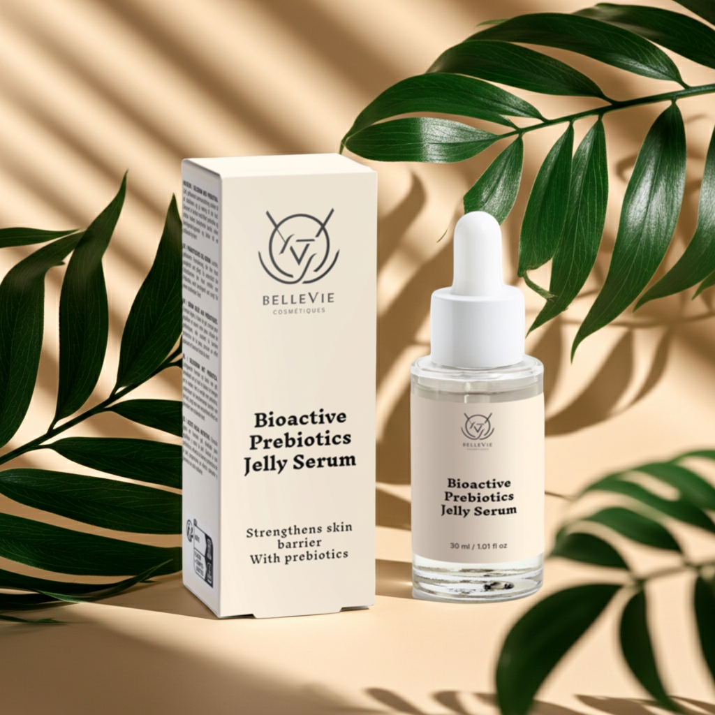 Bioactive Prebiotics Jelly Serum with packaging on a beige background with green leaves