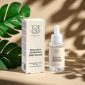 Bioactive Prebiotics Jelly Serum 30ml bottle with packaging on a beige background with green leaves