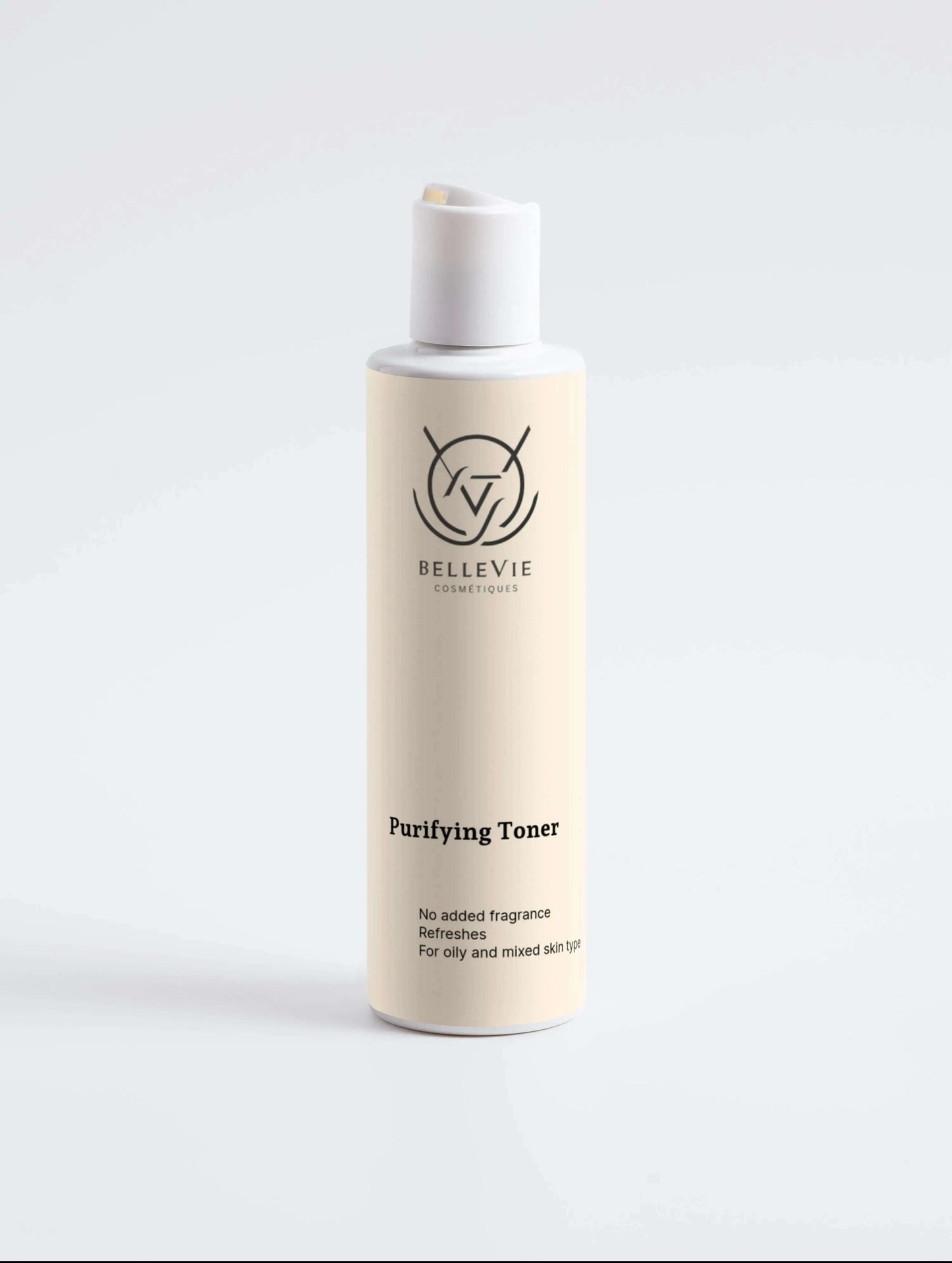 alt="Applying Bellevie Cosmetic Purifying Toner 200ml, balances and refreshes skin, infused with witch hazel, COSMOS certified, vegan-friendly"