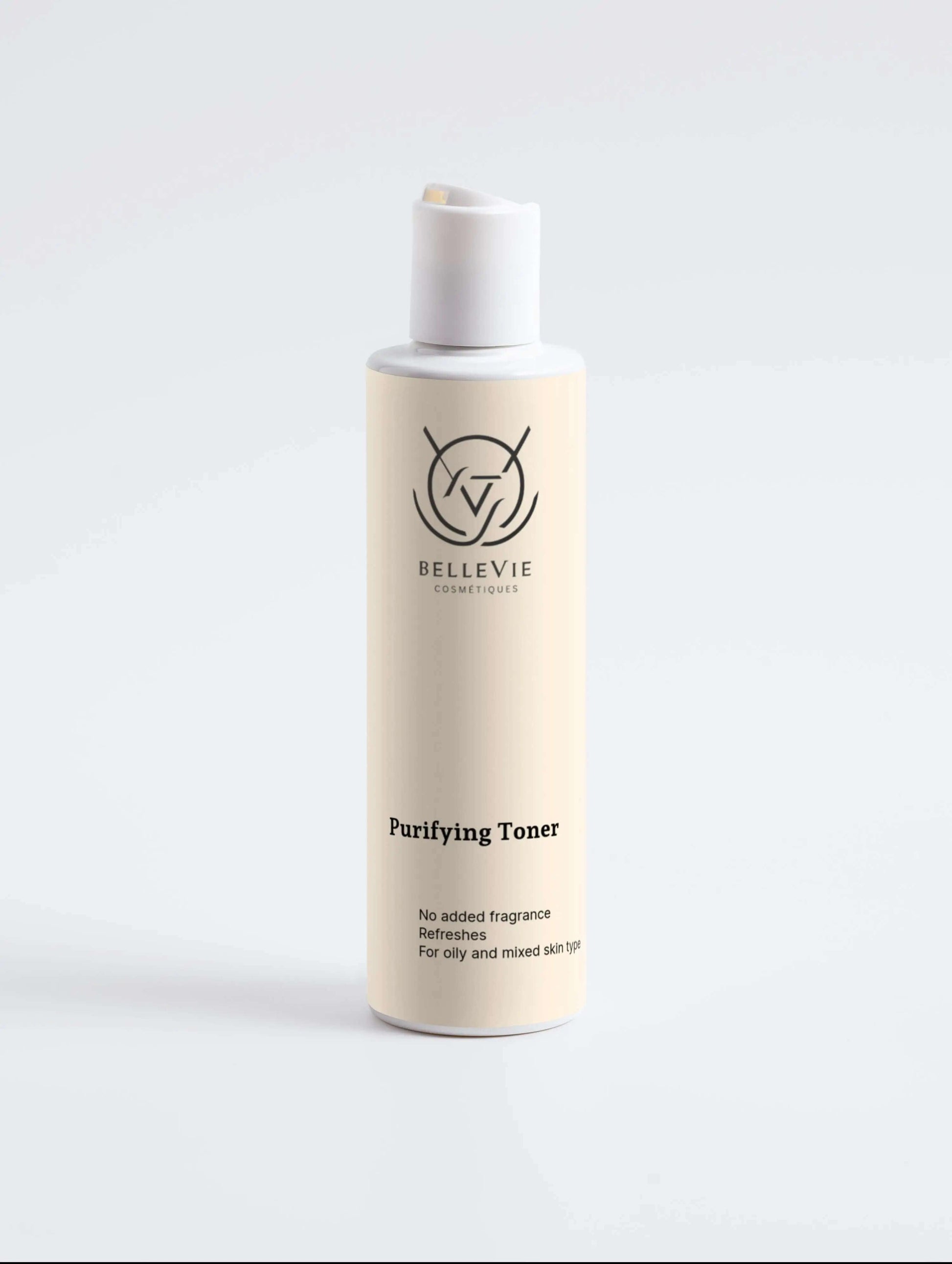 alt="Applying Bellevie Cosmetic Purifying Toner 200ml, balances and refreshes skin, infused with witch hazel, COSMOS certified, vegan-friendly"