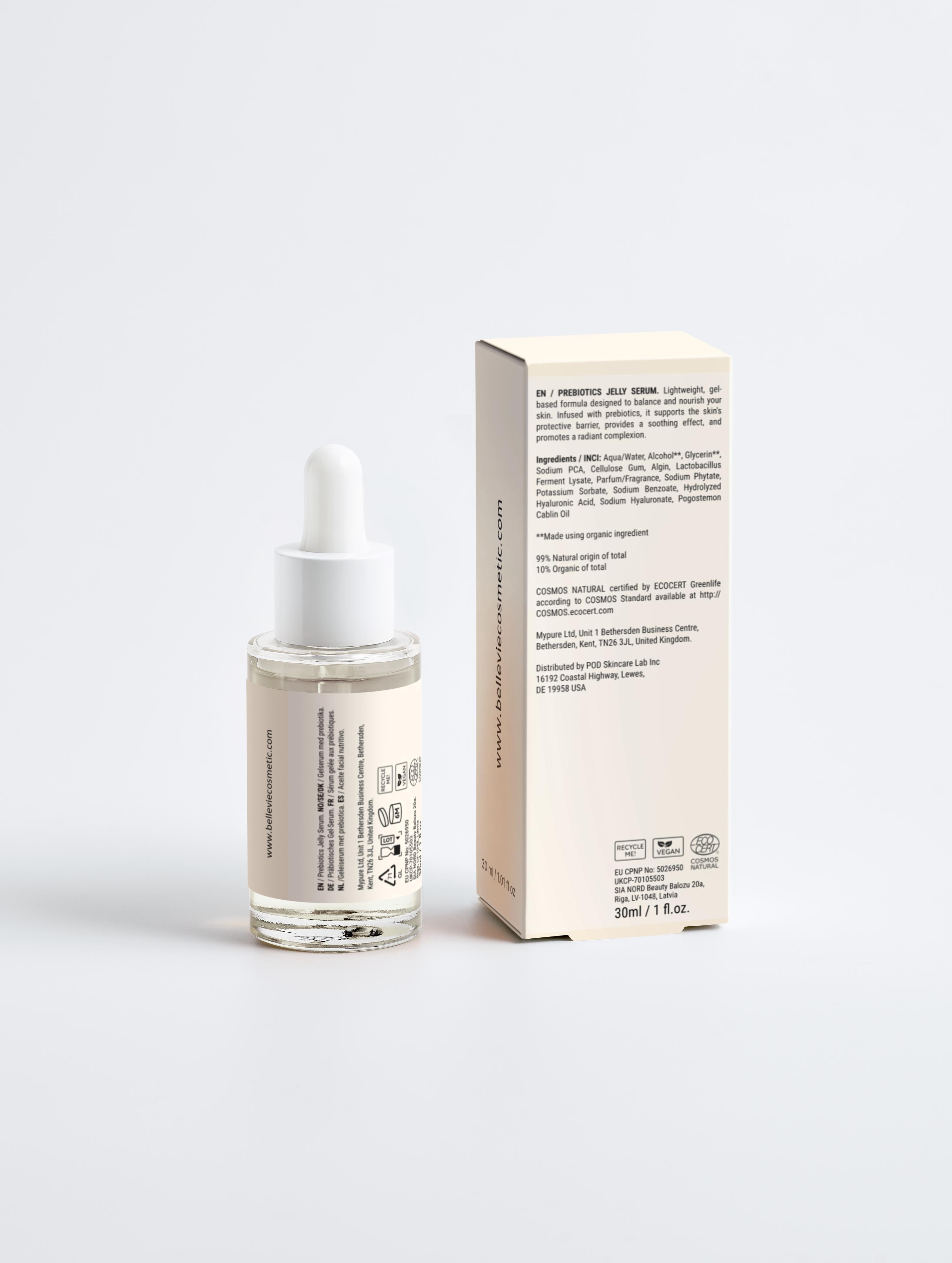 Bioactive Prebiotics Jelly Serum 30ml  bottle with dropper and its box on a light gray background