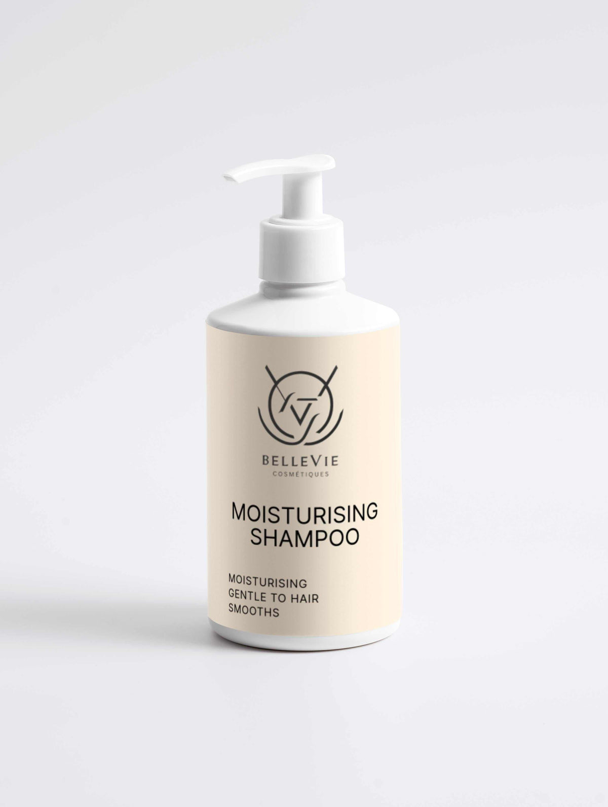 Hair Revival Bundle featuring a cream-coloured BelleVie moisturising shampoo bottle with a white pump dispenser