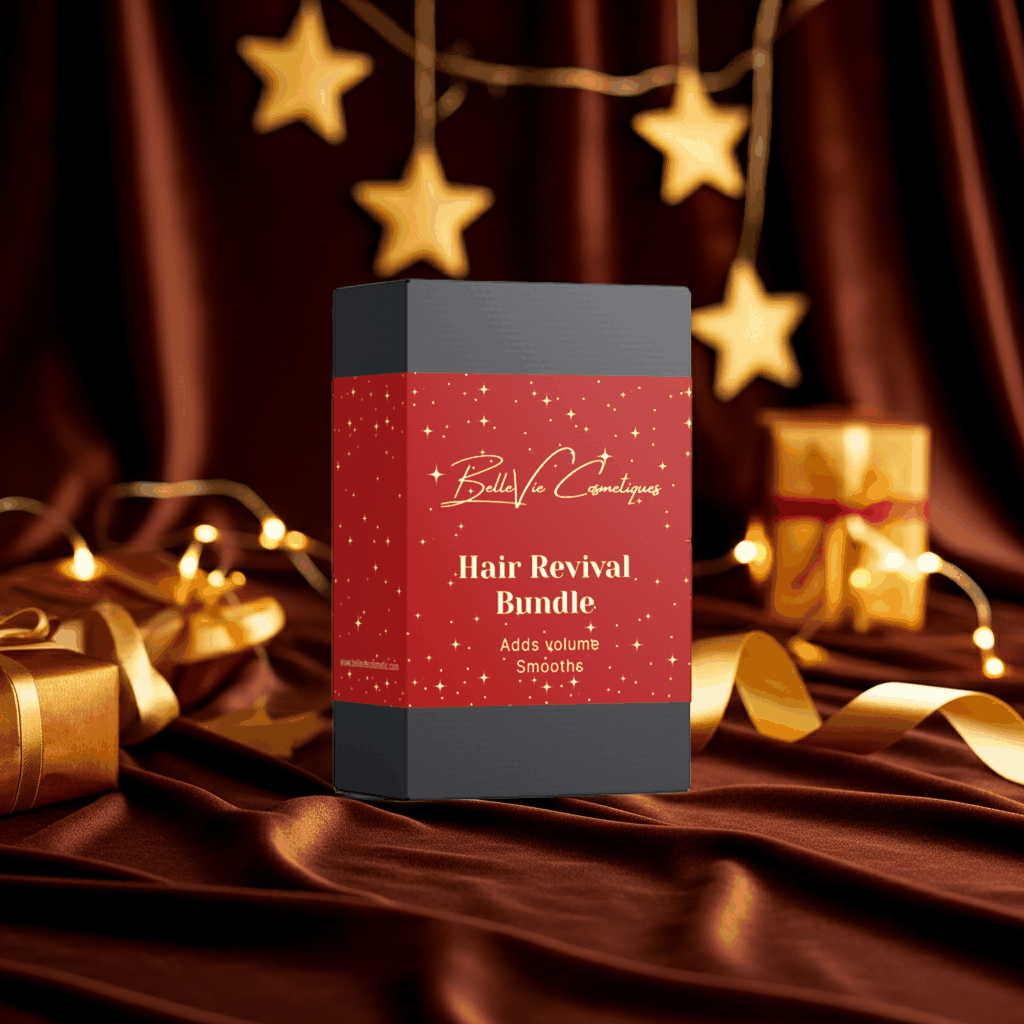 Hair Revival Bundle in a red and charcoal gift box, decorated with gold stars and elegant festive lettering.