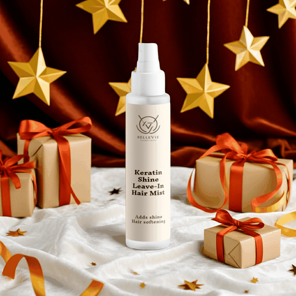 Hair Revival Bundle featuring a white Keratin Shine Leave-In Hair Mist bottle with black and gold label and spray pump