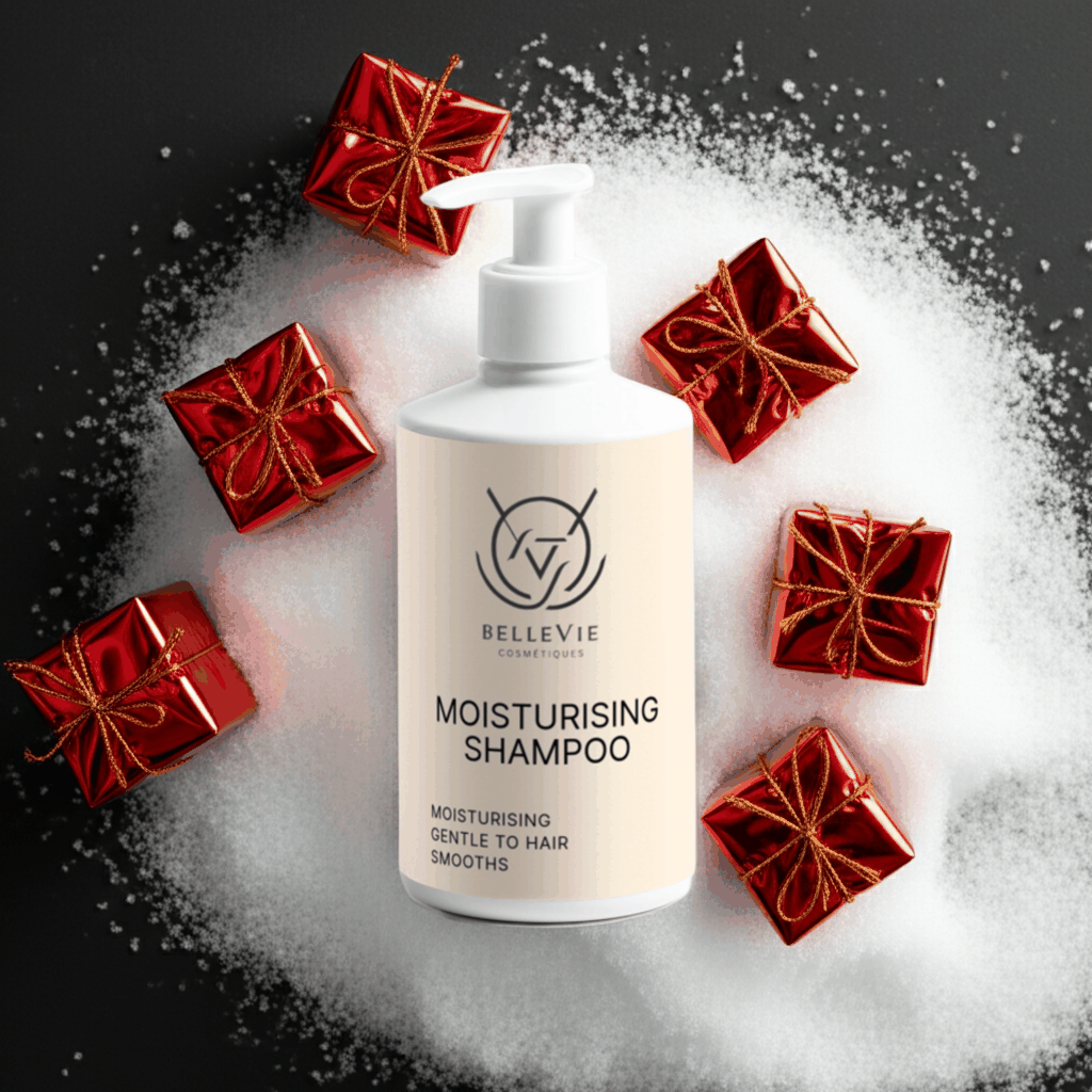 Hair Revival Bundle featuring a white pump bottle of moisturising shampoo surrounded by red metallic gift boxes tied with gold string
