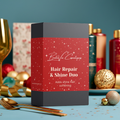 Belle Vie Cosmetiques Hair Repair & Shine Duo packaging on a festive background with Christmas decorations.