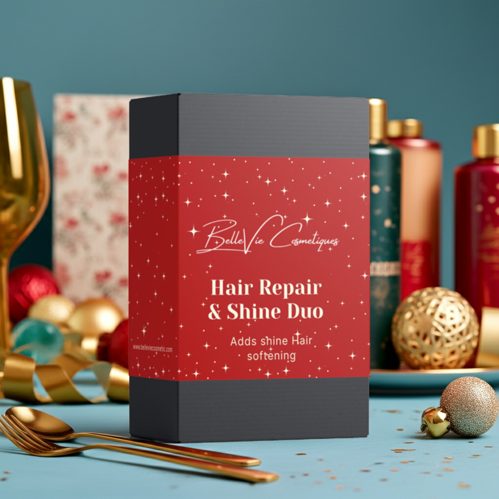 Belle Vie Cosmetiques Hair Repair & Shine Duo packaging on a festive background with Christmas decorations.