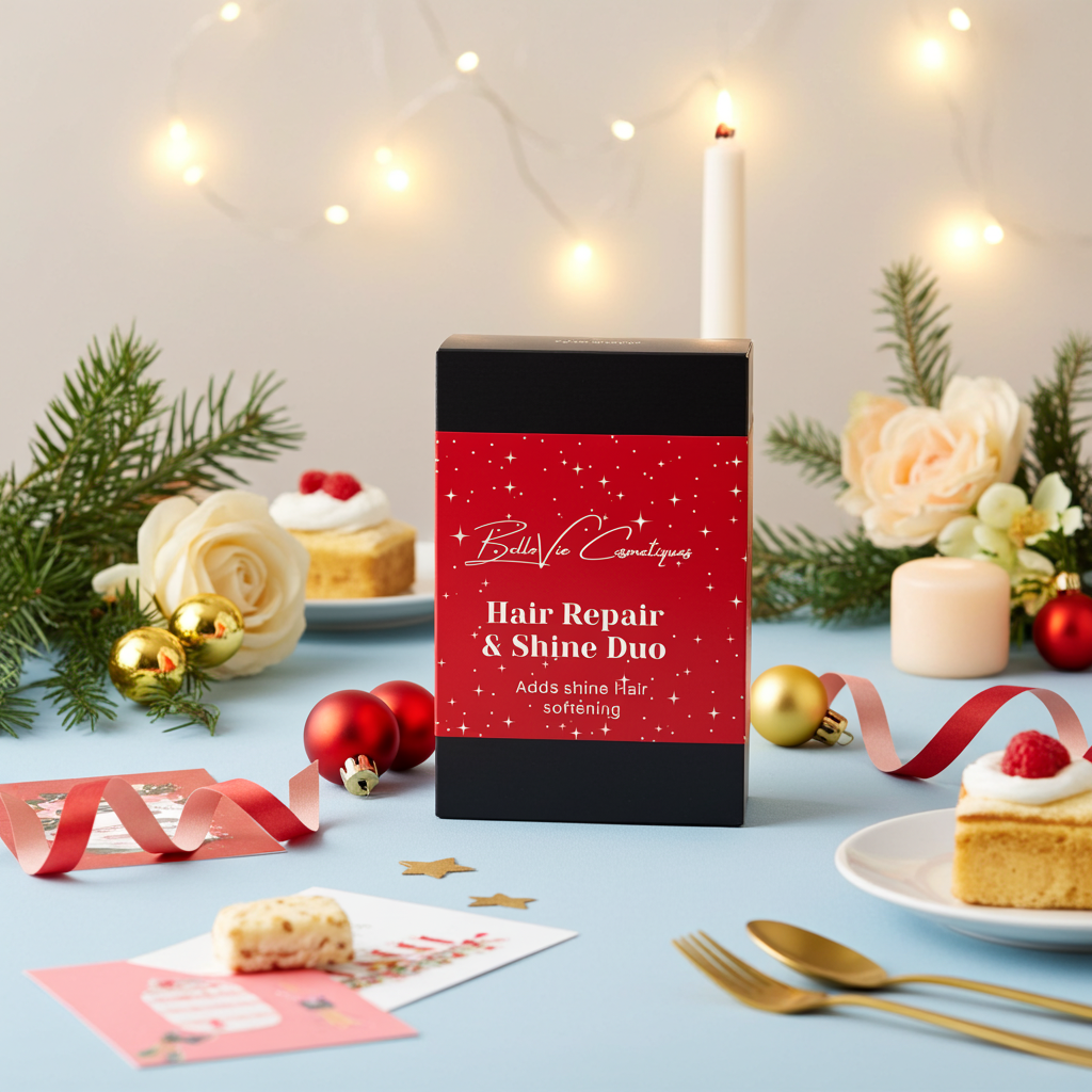Product packaging of Hair Repair & Shine Duo  with festive decorations on a table