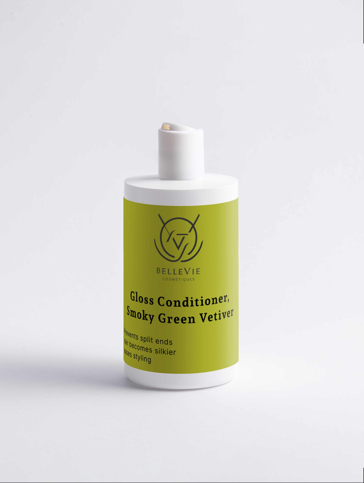 Gloss conditioner in a white bottle with a lime-green label, featuring the Smoky Green Vetiver scent.