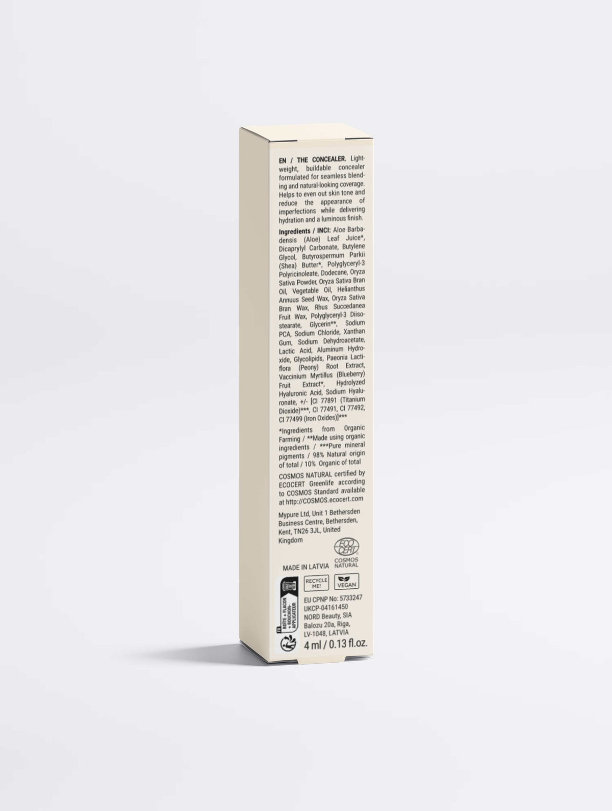 Hydrating Correcting Concealer in a slim beige cardboard box with dense black product text and certification marks