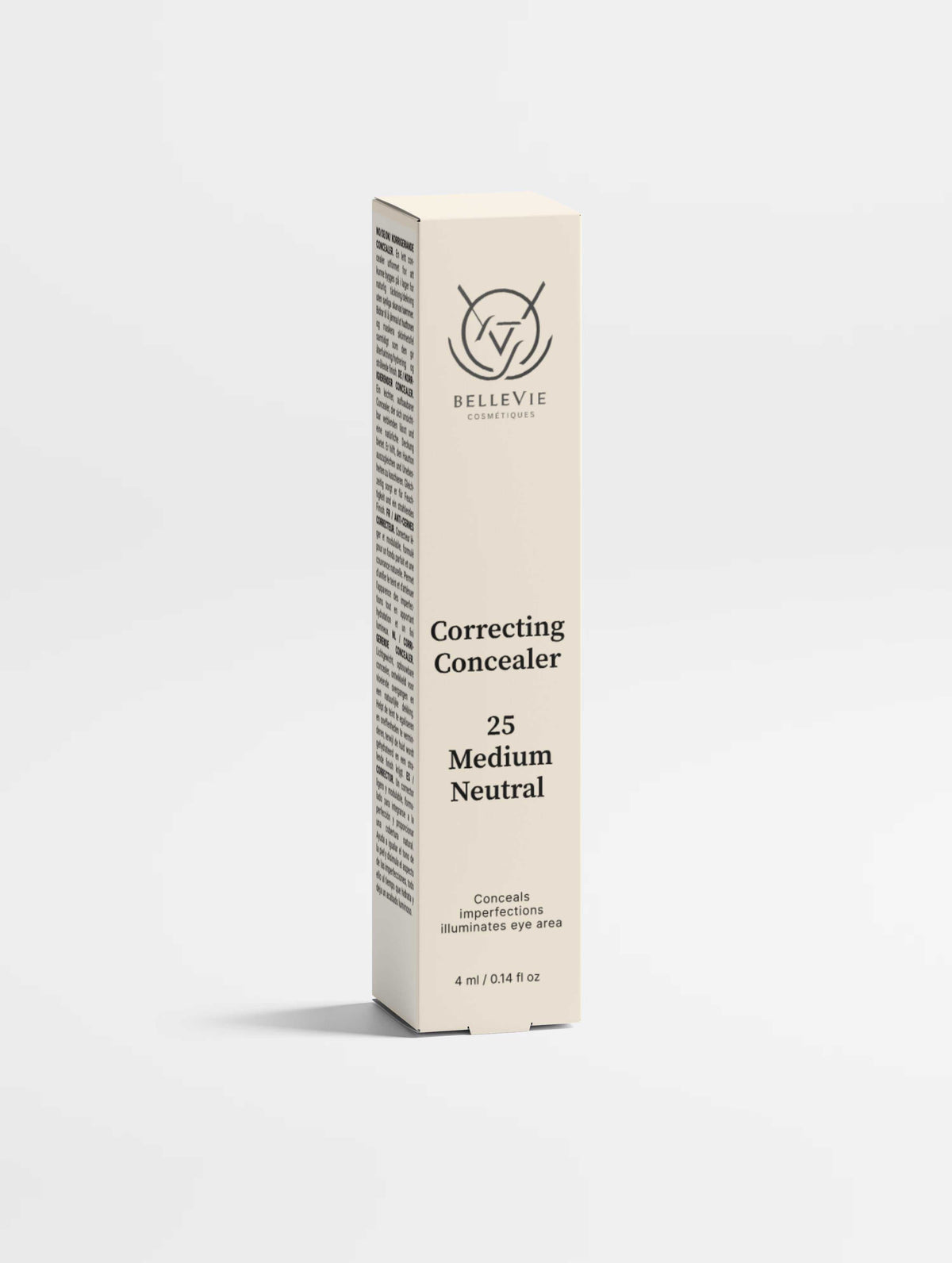Hydrating Correcting Concealer in a cream rectangular carton, labeled shade 25 Medium Neutral with black lettering and logo