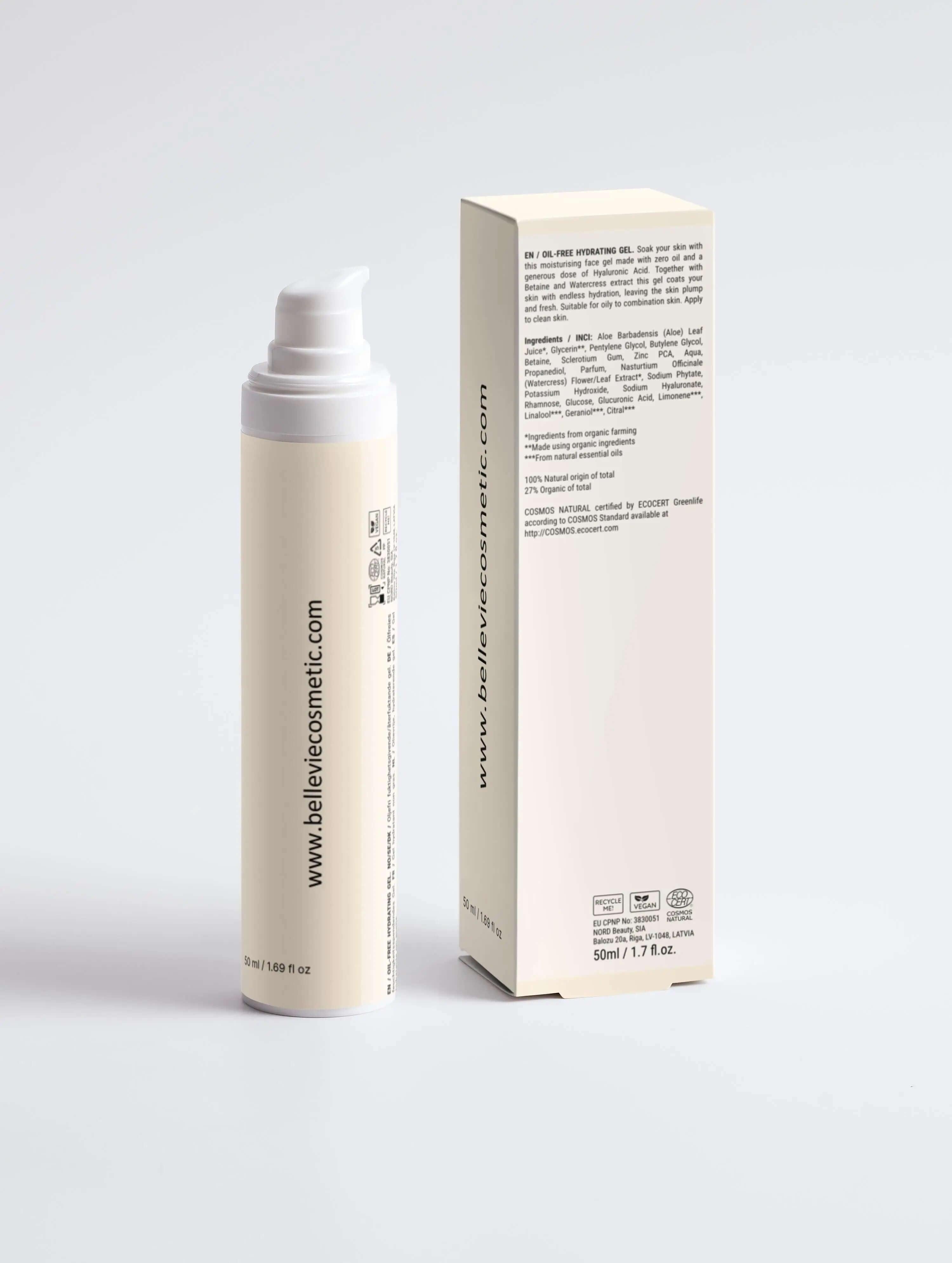 BelleVie Oil-Free Hydrating Gel 50ml bottle and box on white background – non-comedogenic gel moisturiser with Zinc PCA and hyaluronic acid for combination skin