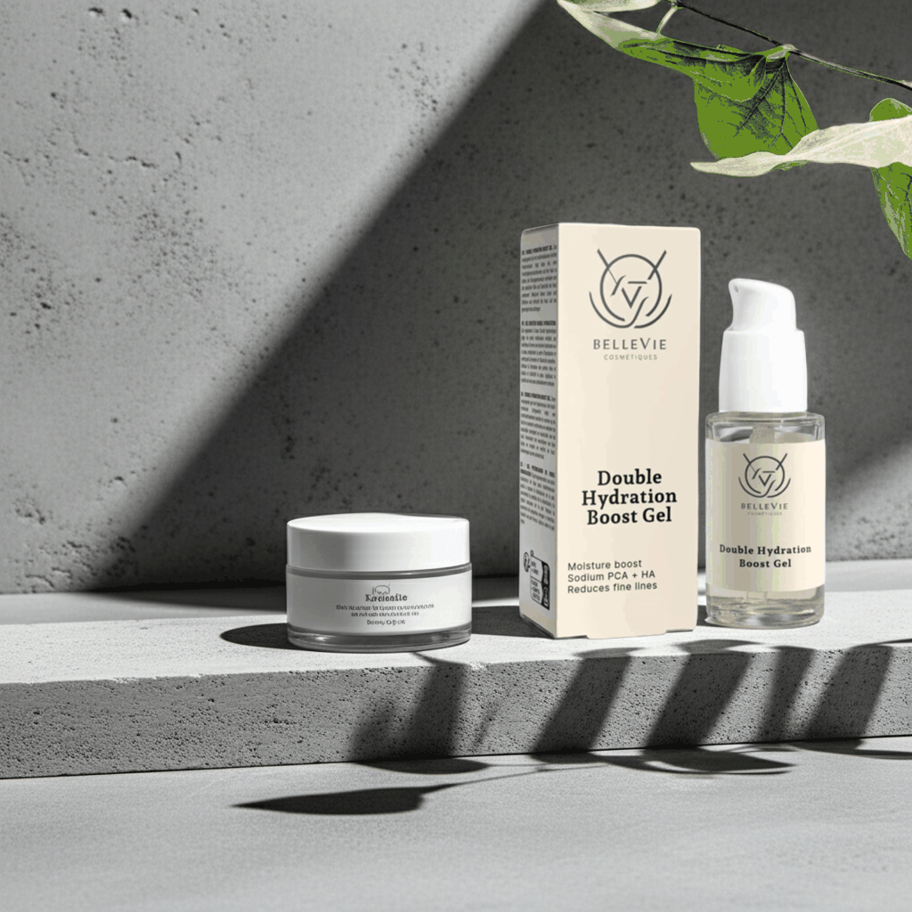 Hydration Ritual Collection featuring a white moisturising cream jar, boxed Double Hydration Boost Gel and pump bottle