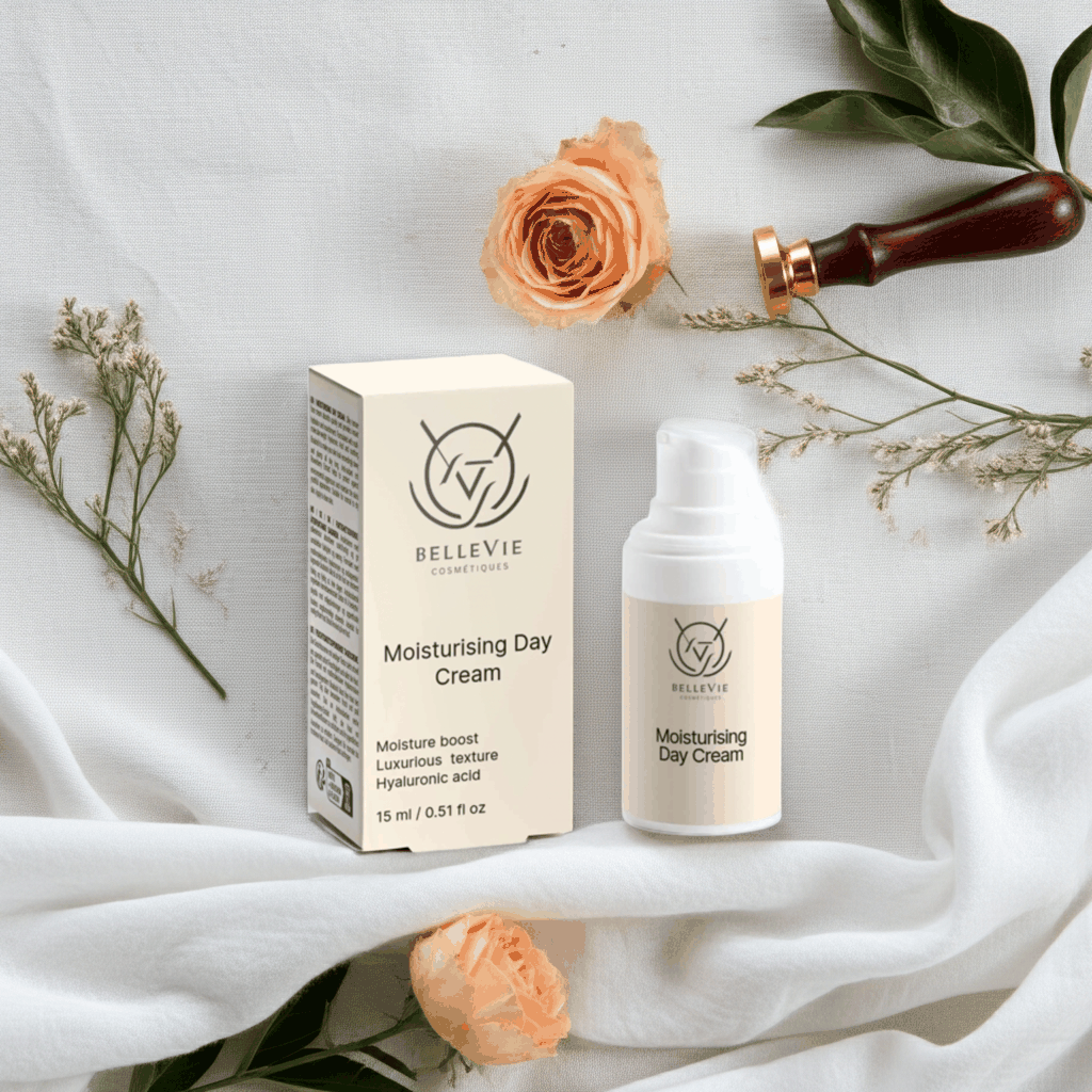 Hydration Ritual Collection with a cream-coloured moisturising day cream box and pump bottle, featuring minimalist black typography