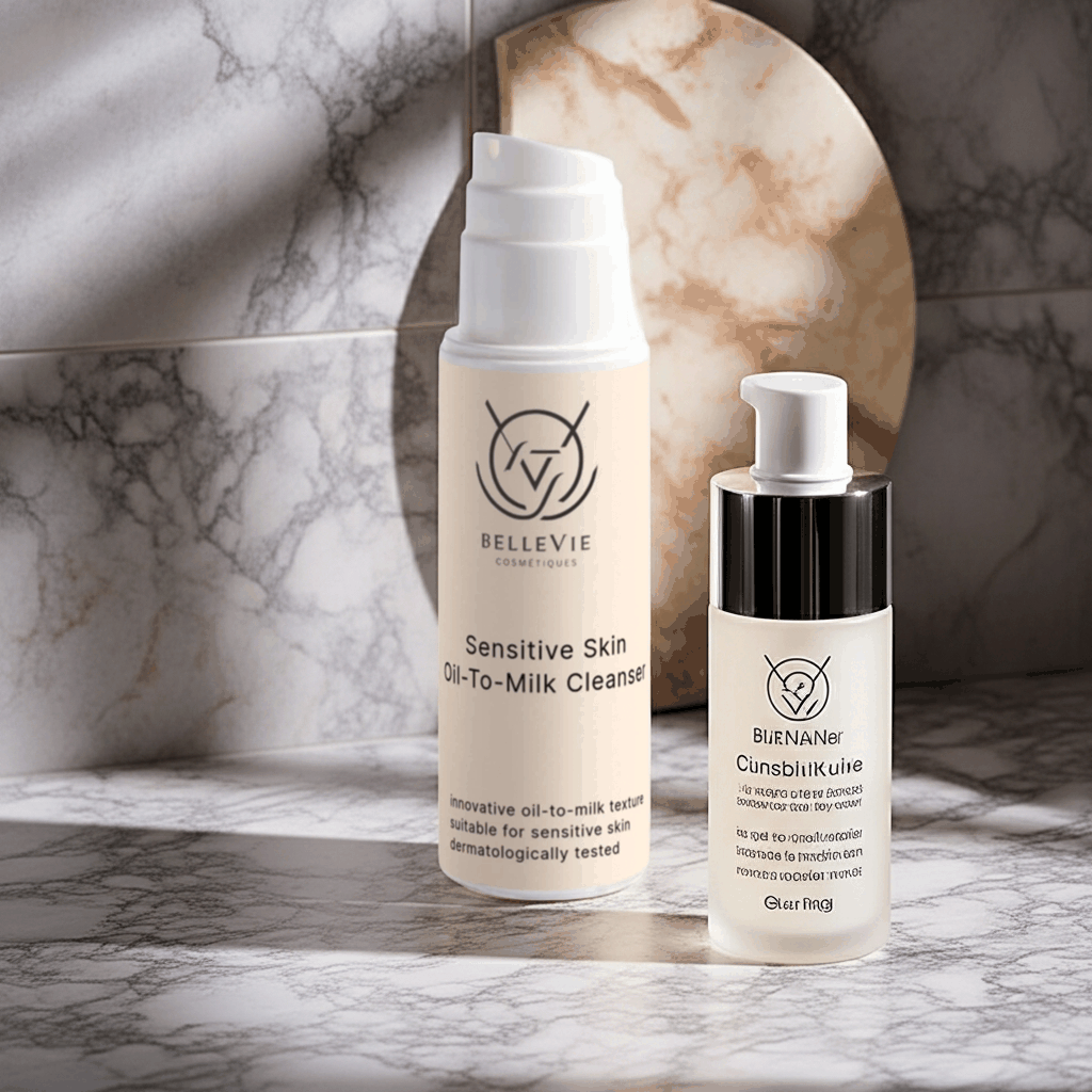 Hydration Ritual Collection with two cream and clear pump bottles featuring minimalist black branding and cleanser labels